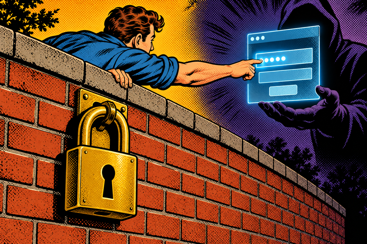 Comic: a strong locked brick wall, but a human reaches over it to type a password into a fake login held by a shadowy hand