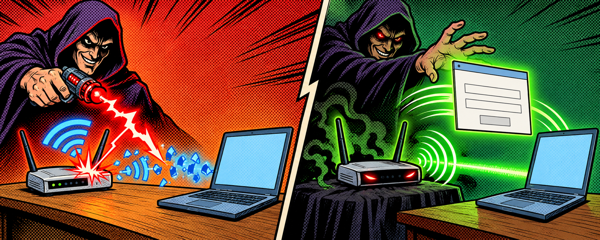 Comic diptych: a hooded figure knocks a laptop off the real router with a deauth bolt, then the laptop reconnects to an evil clone that shows a fake login
