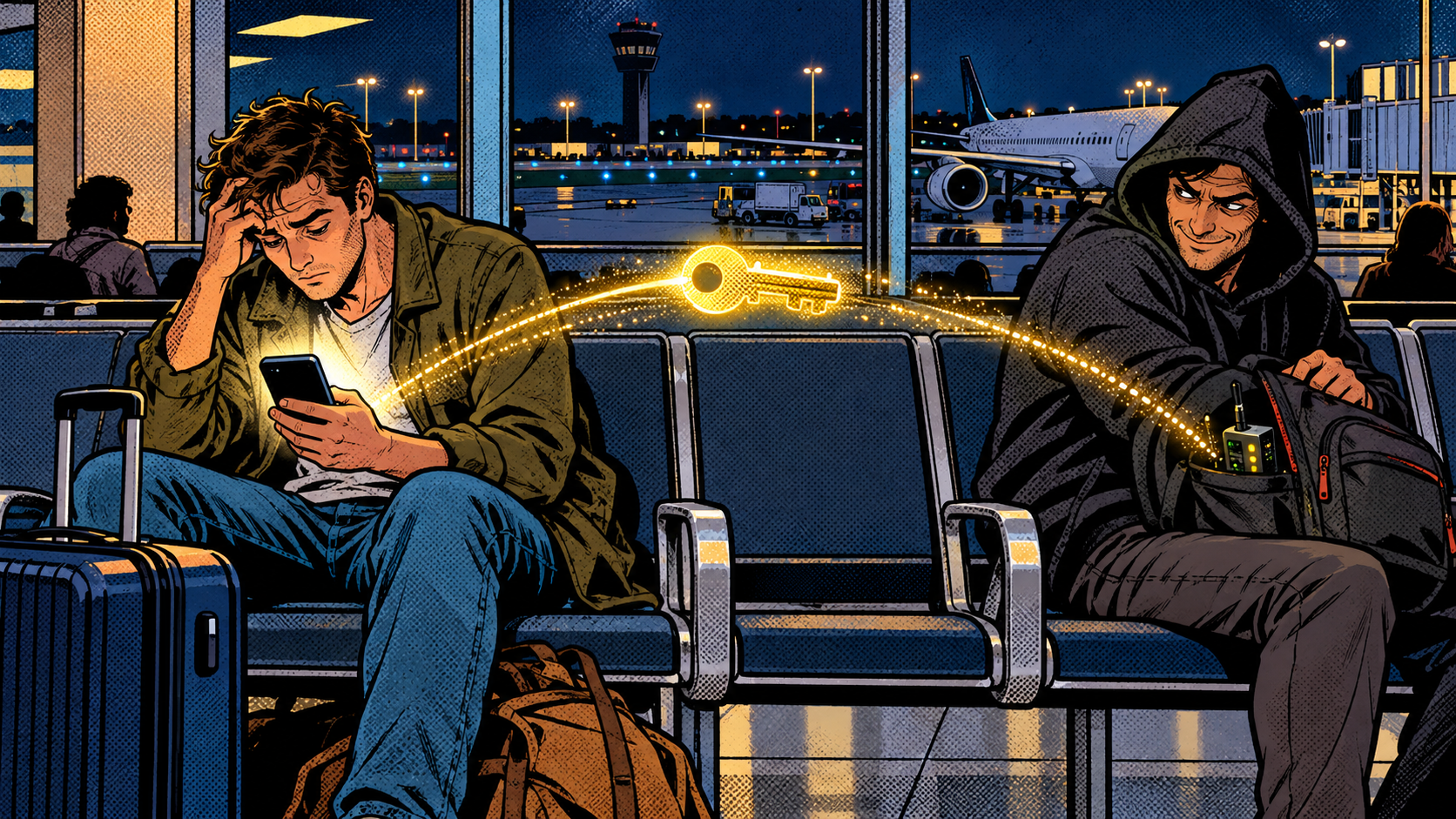 Comic: a tired traveller at an airport gate as a hooded figure nearby with a hidden gadget catches the password flying from the phone