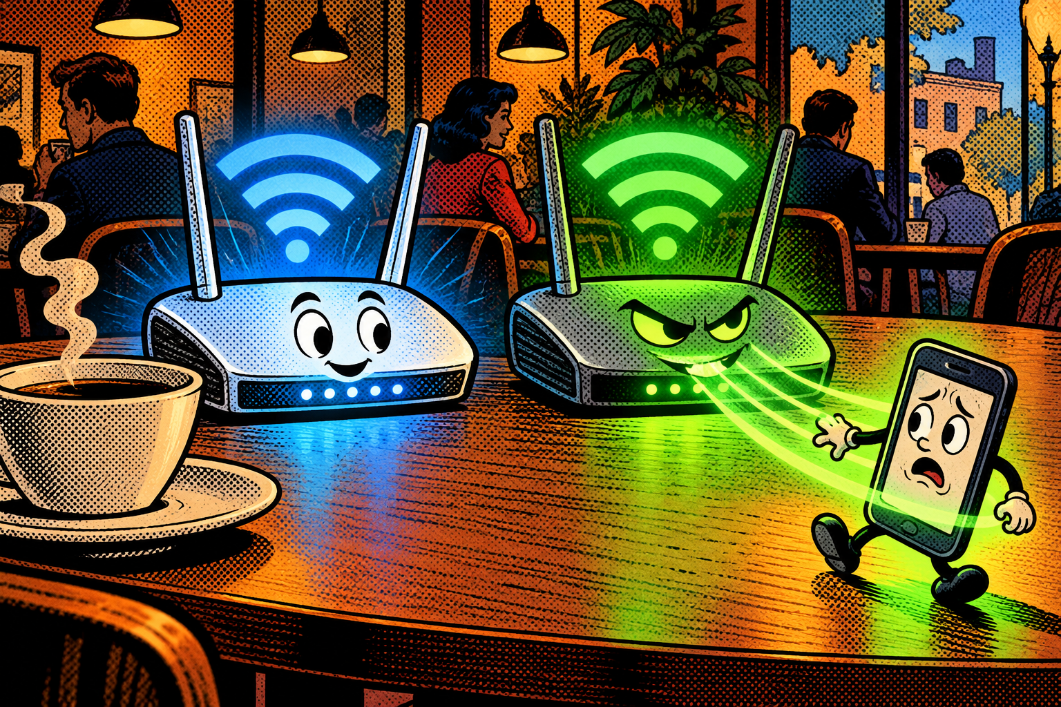 Comic: an evil green Wi-Fi router lures a worried smartphone away from the honest blue router