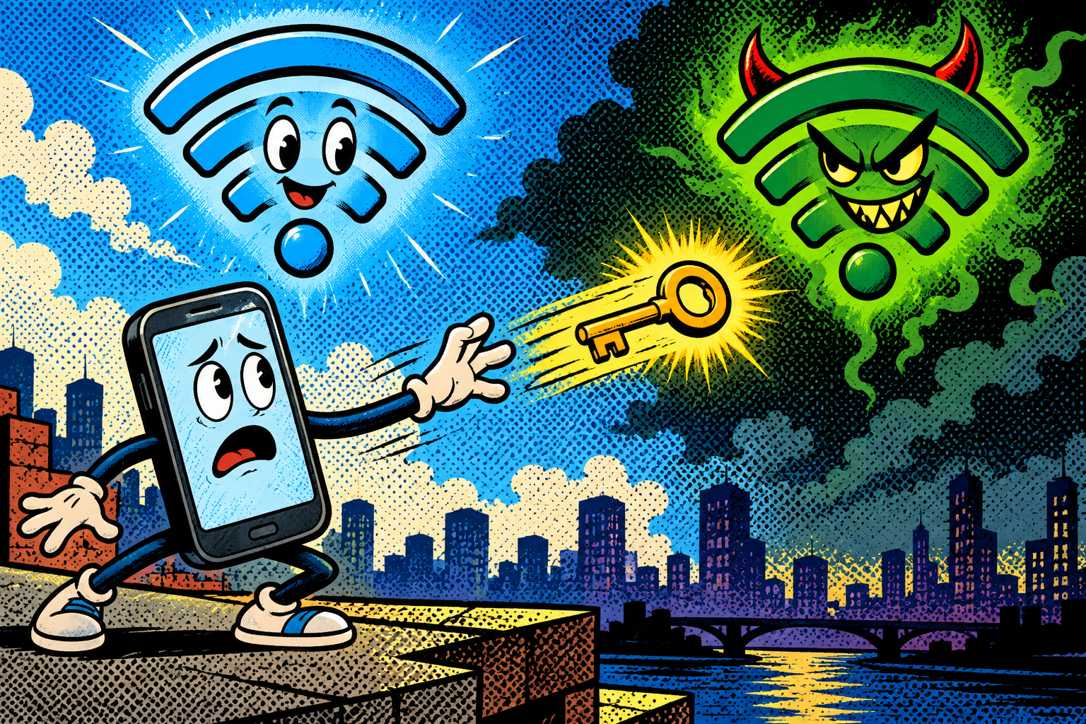 Comic: a phone hands a password key toward an evil green Wi-Fi with devil horns instead of the friendly blue one