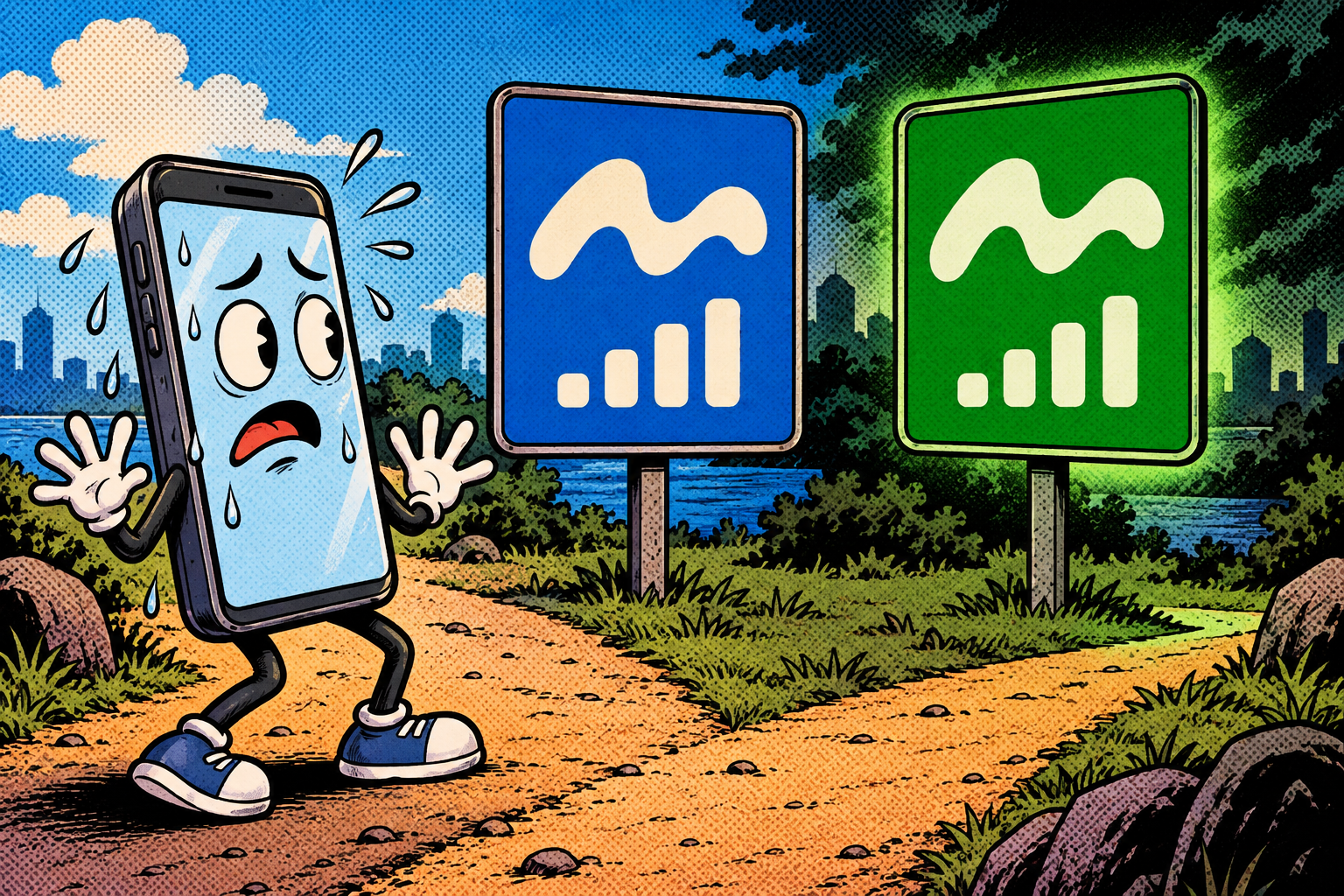 Comic: a confused phone facing two identical Wi-Fi signs, one honest blue and one sinister green clone