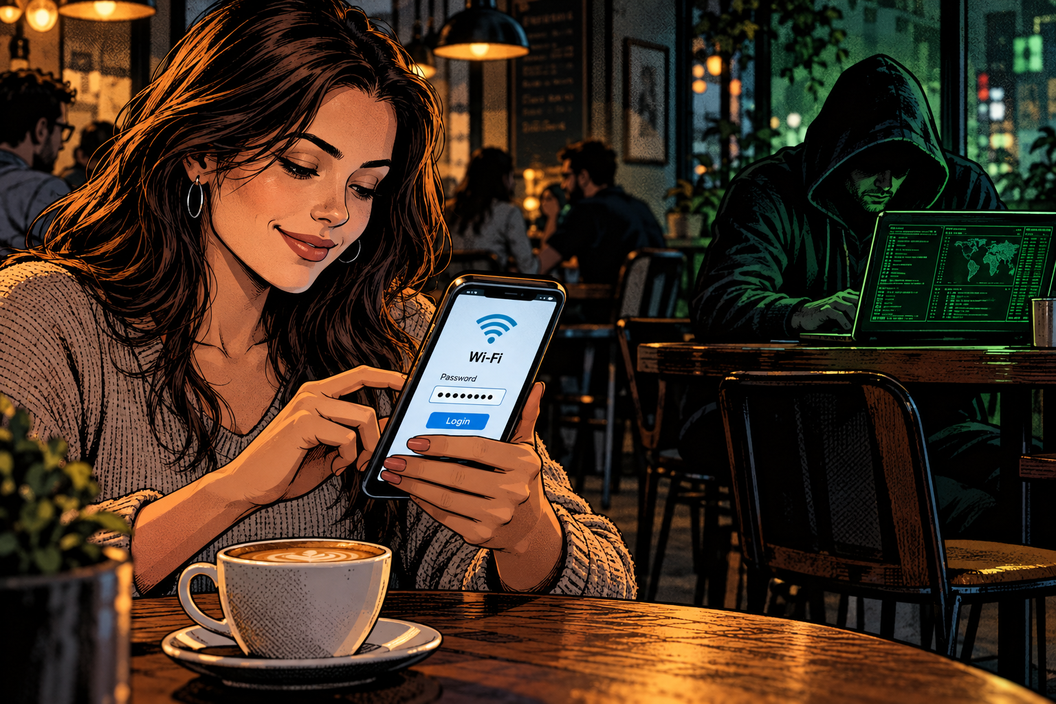 Illustration of a traveller connecting to a fake open Wi-Fi hotspot while an attacker nearby quietly intercepts the connection