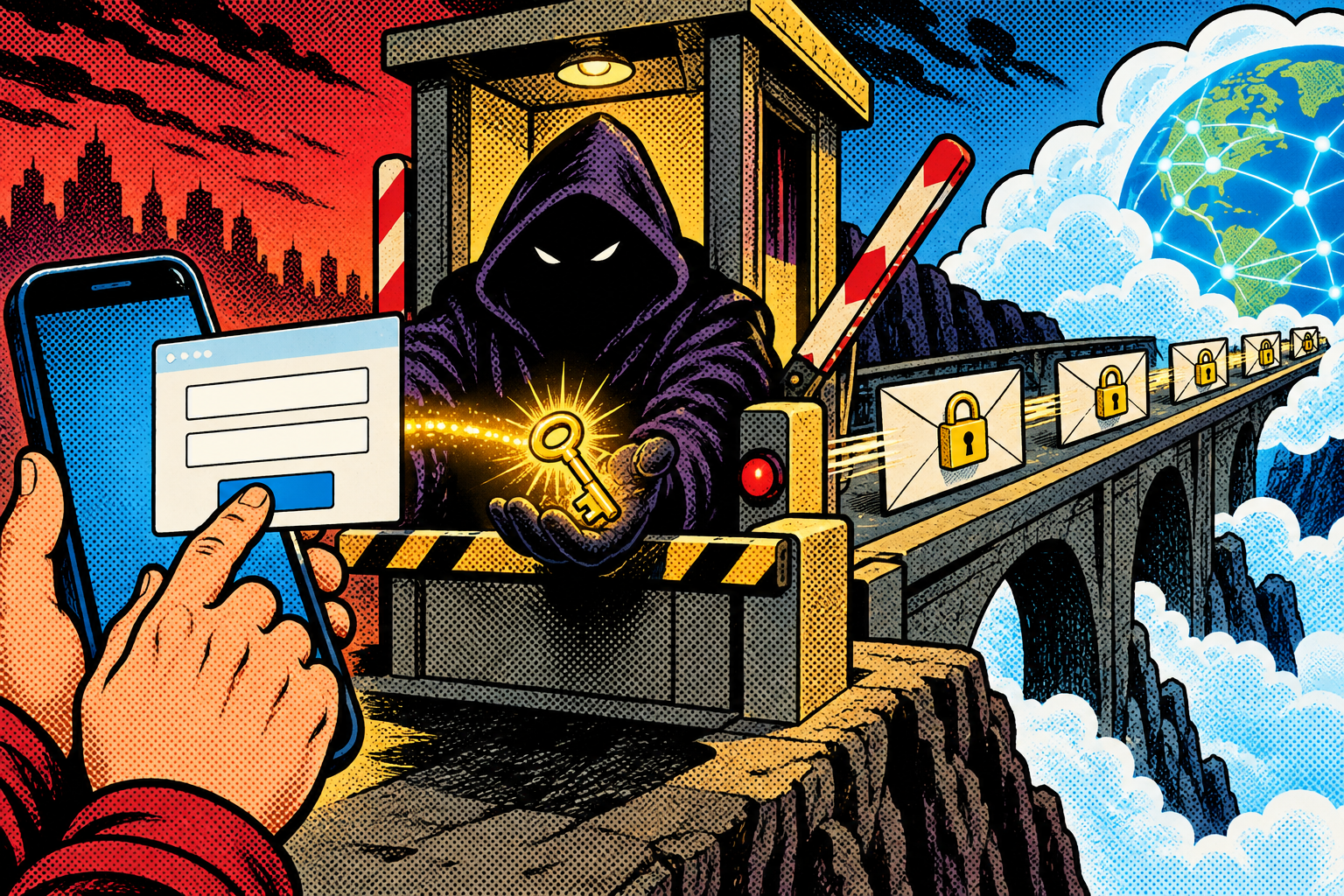 Comic: an attacker sits as a toll gate between a phone and the internet; HTTPS envelopes pass sealed but a fake login catches the password