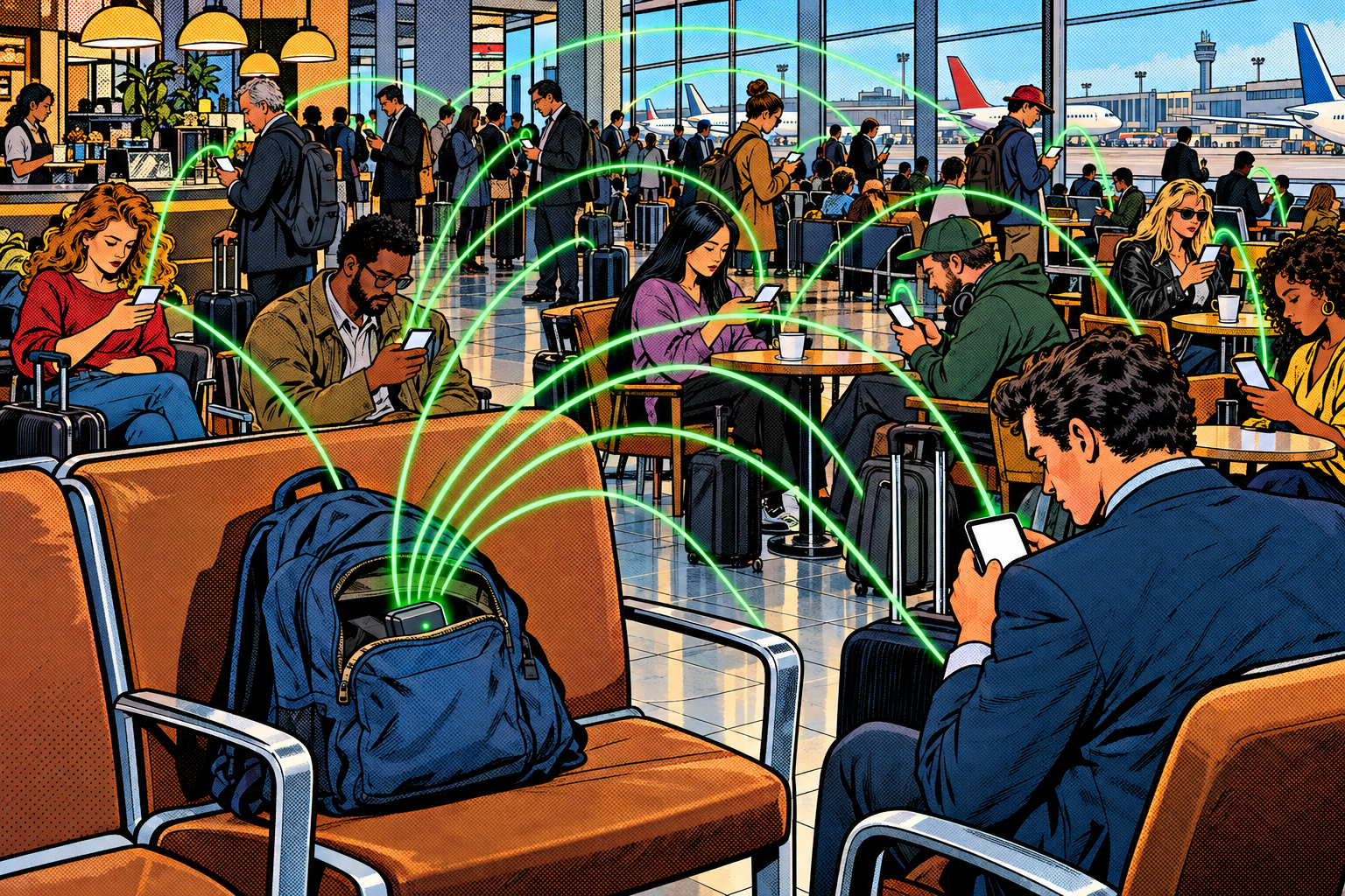 Comic: an airport and cafe crowd on their phones, all reached by green Wi-Fi waves from a gadget hidden in a backpack