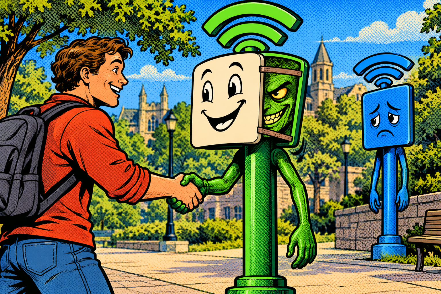 Comic: a user shakes hands with a friendly Wi-Fi sign that is secretly the evil green twin wearing a mask, ignoring the real network