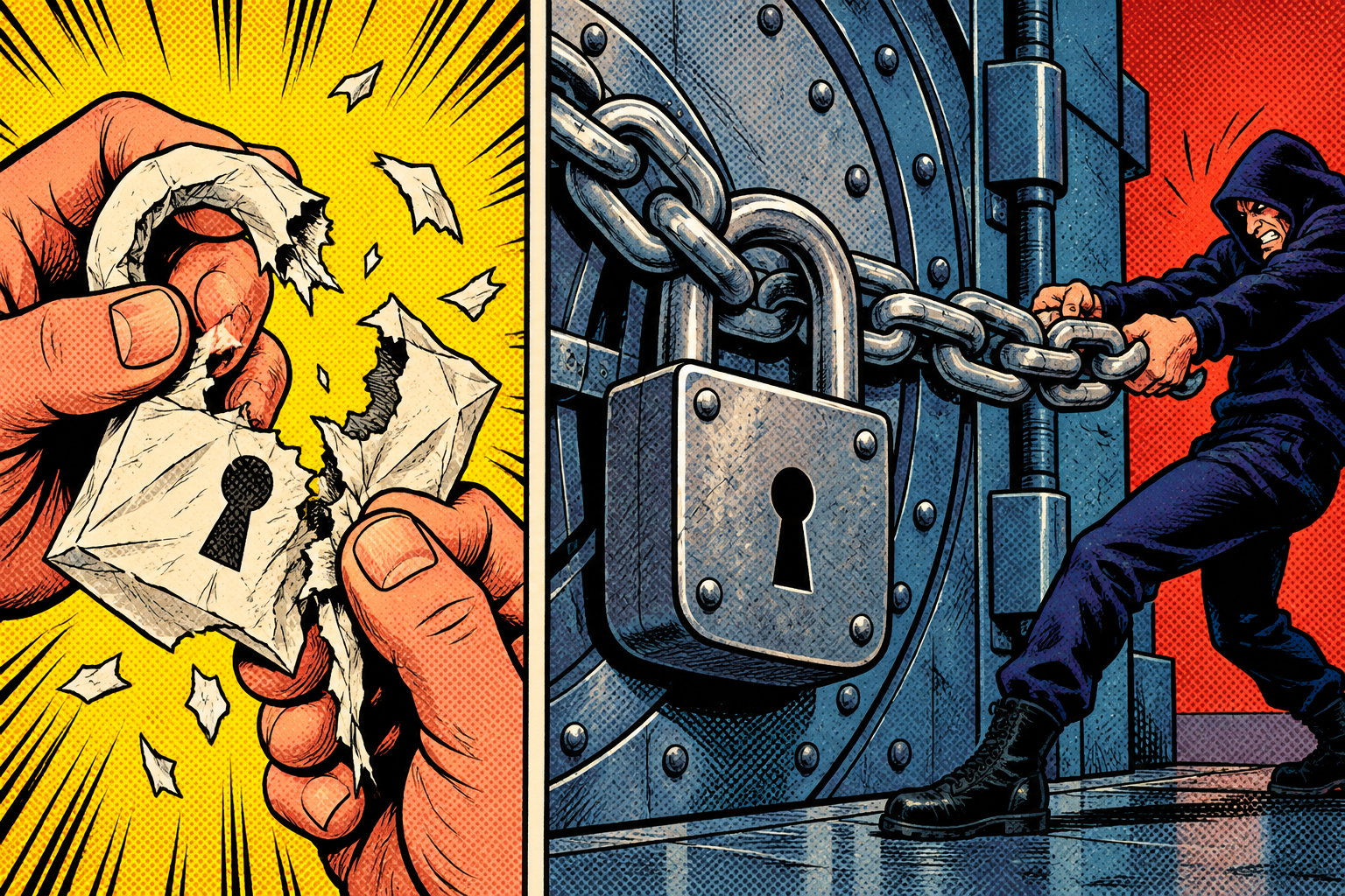 Comic: a flimsy paper padlock torn easily versus a heavy steel vault chain a thief cannot break