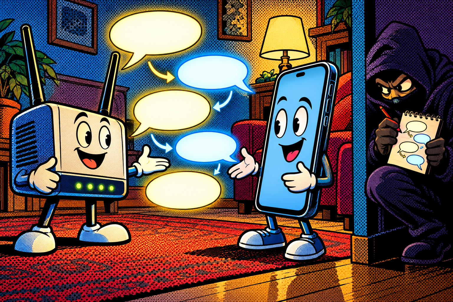 Comic: a router and a phone exchange a sequence of glowing speech bubbles while a hooded eavesdropper copies each one