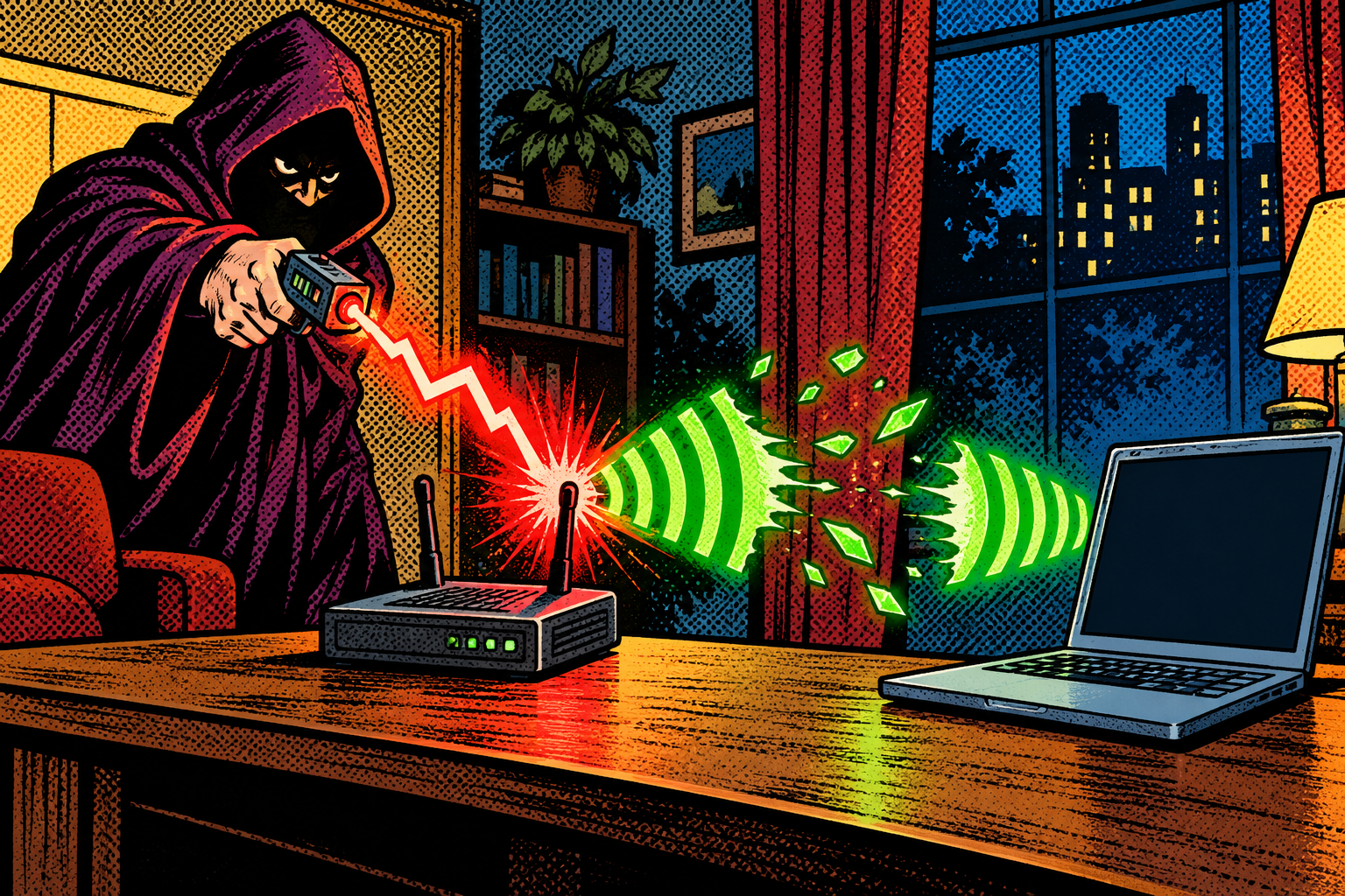 Comic: a hooded figure fires a deauth lightning bolt at a router, snapping a laptop off the network