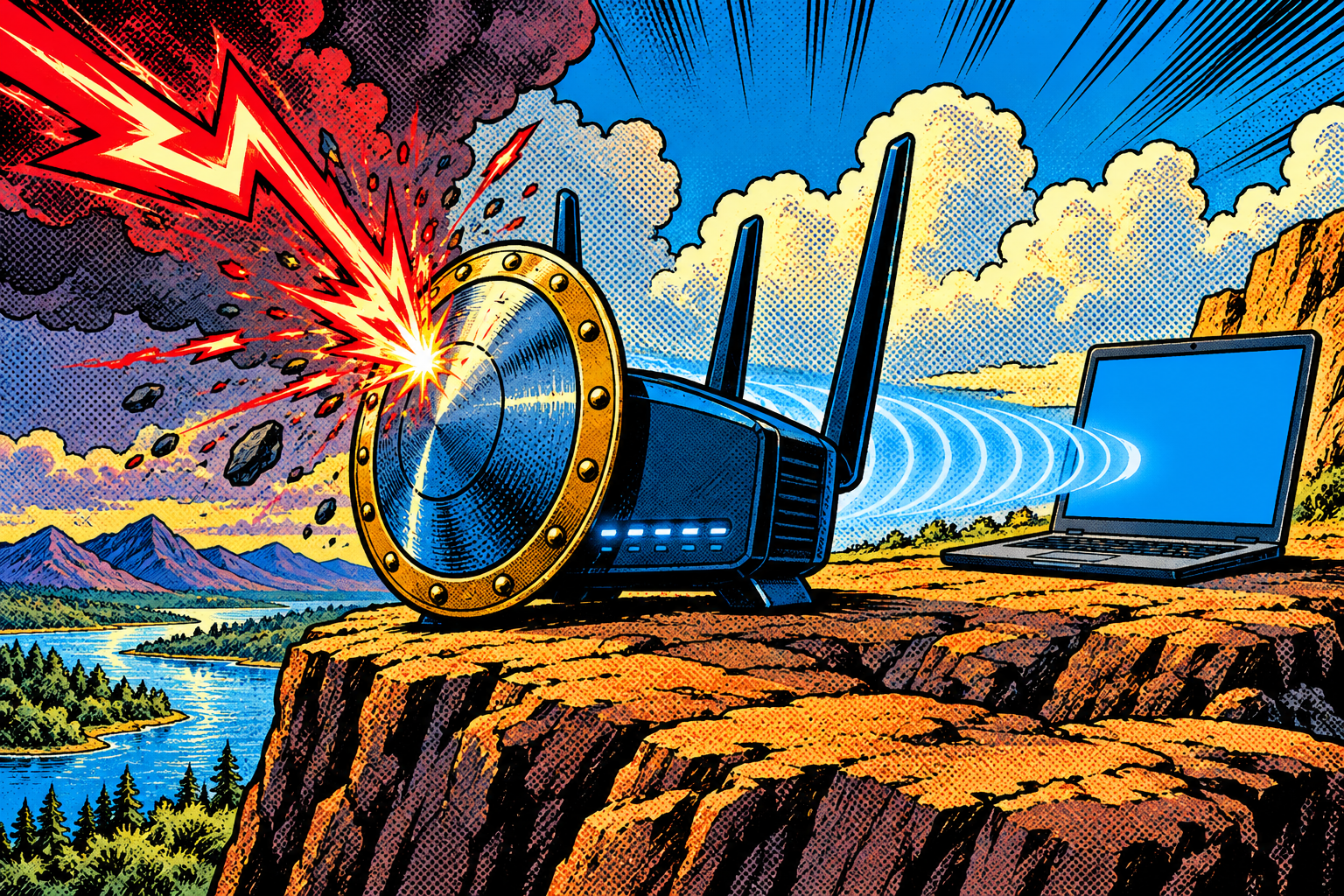 Comic: a router with a guardian shield deflects the deauth lightning, the connection staying intact