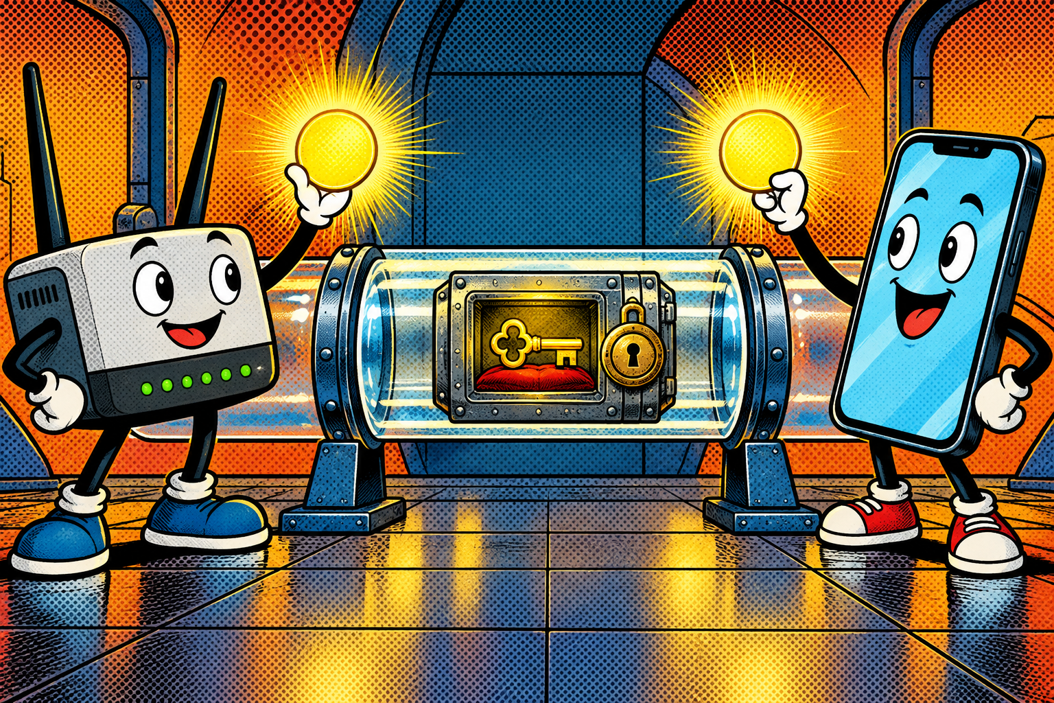 Comic: a router and a smartphone compare matching glowing proof tokens while the password key stays locked in a vault between them