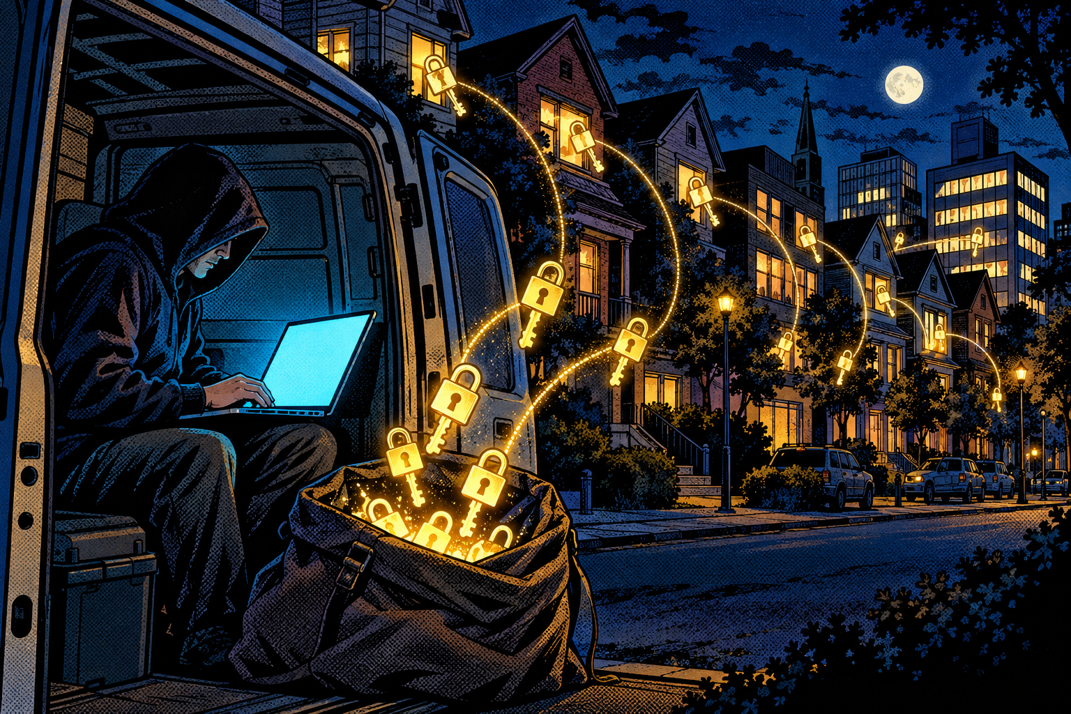Comic: a hooded figure in a van harvests glowing padlock-keys drifting out of a whole neighbourhood into a sack