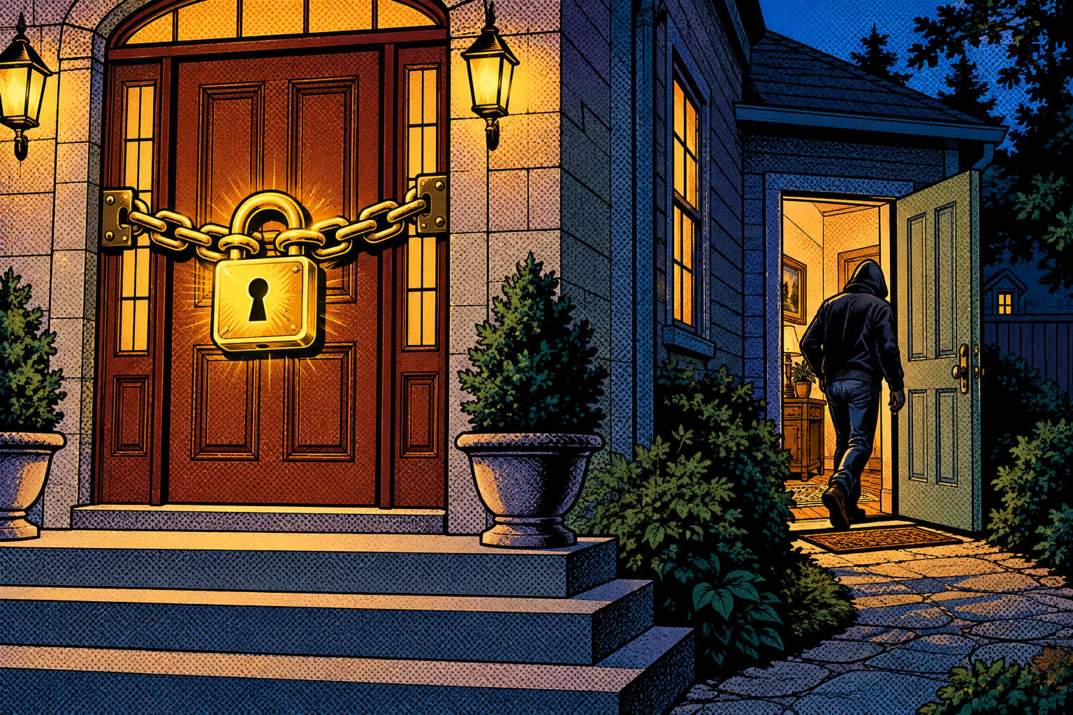 Comic: a locked and chained front door beside a wide-open hidden side door that a hooded figure strolls through