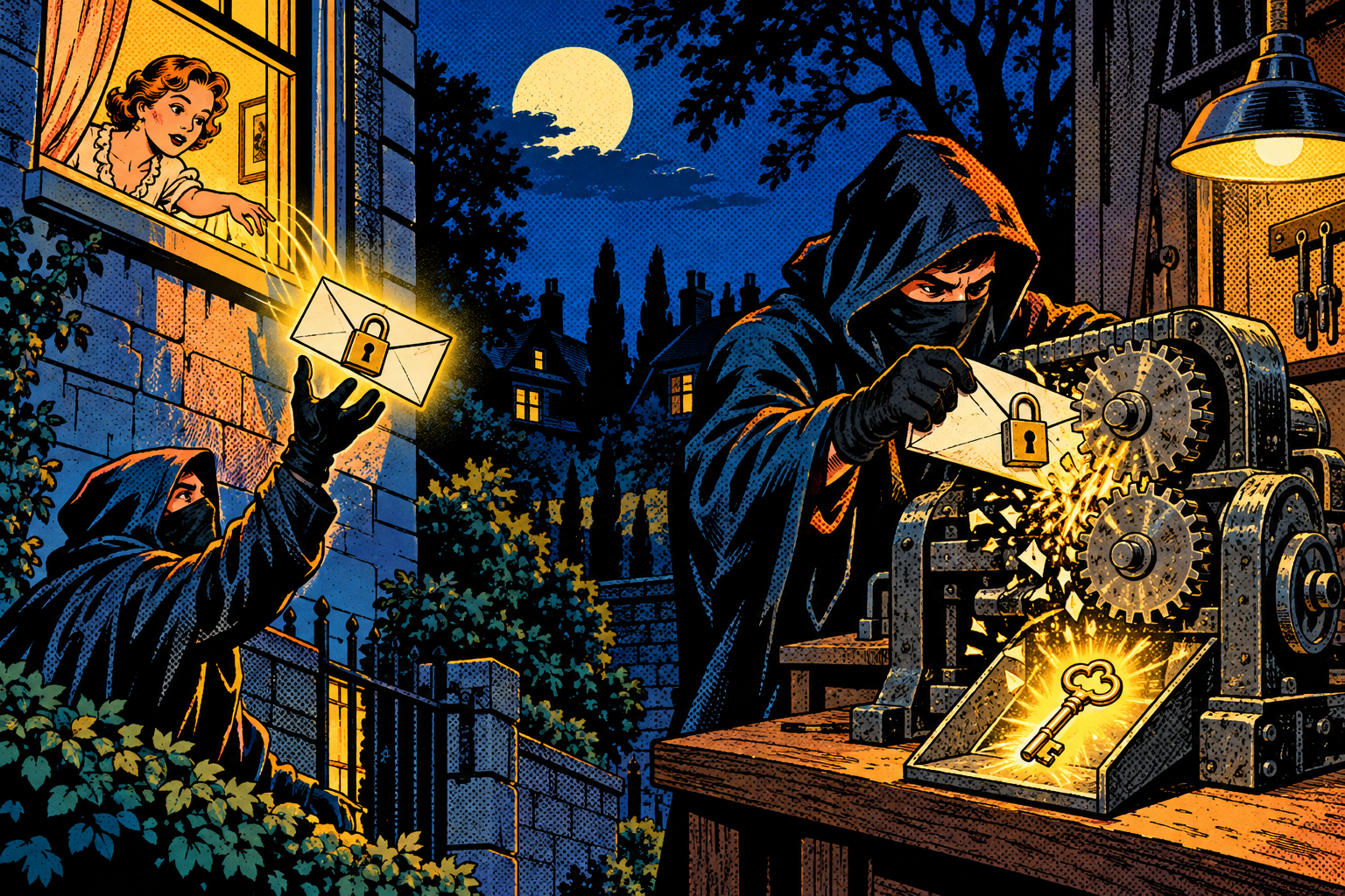 Comic: a hooded attacker catches a sealed padlocked handshake drifting from a window and feeds it into a gear machine that outputs a key