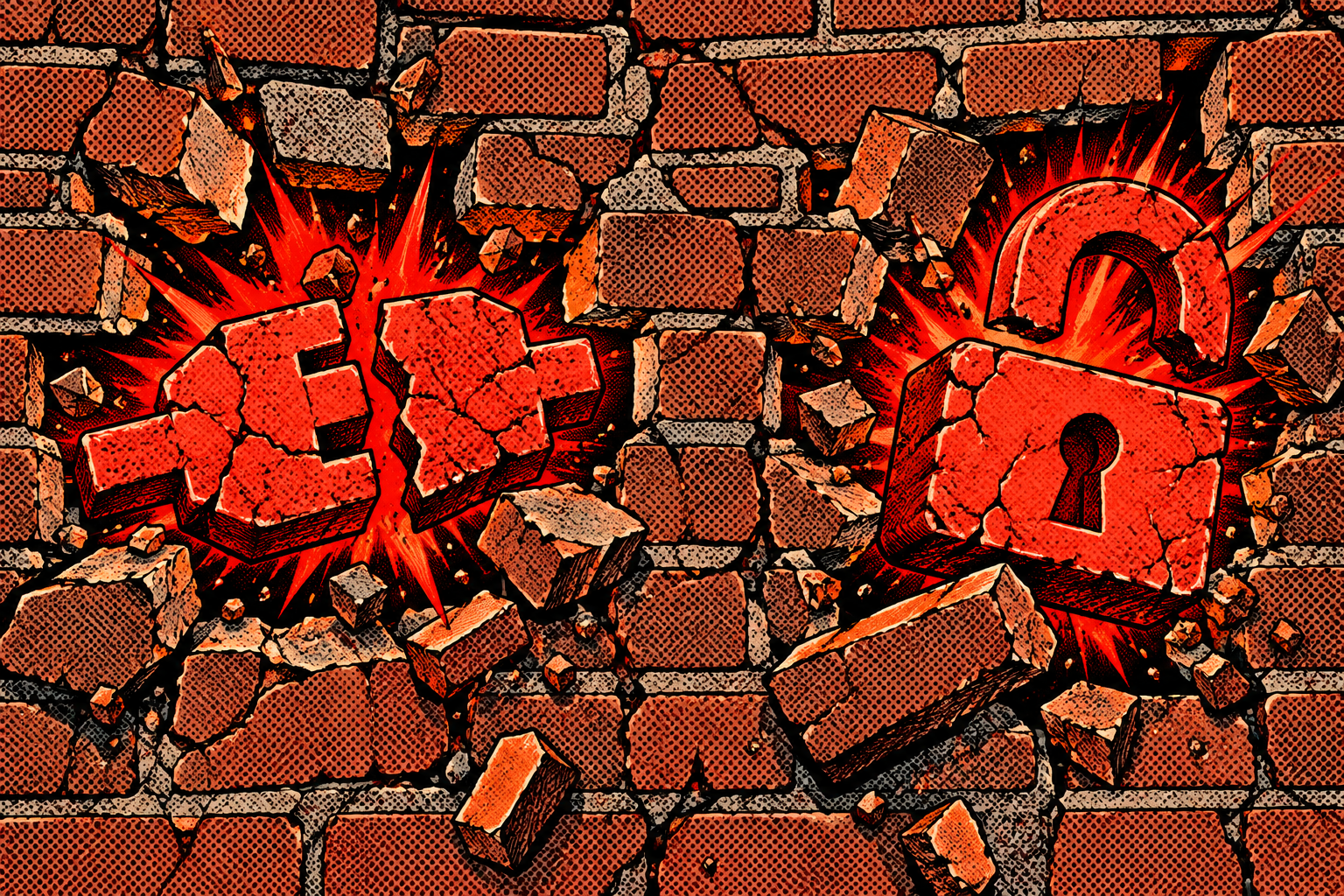 Comic: two red bricks, a broken signal and an open padlock, pulled from a wall that collapses