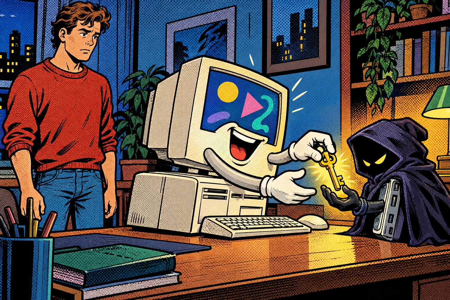 Comic: a person stands silent while their own computer hands a glowing key to a shady hooded gadget