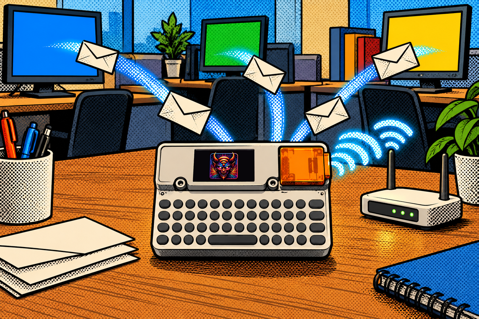 Comic: an M5Cardputer running Evil-M5Project, connected over Wi-Fi, collects credential envelopes from office computers