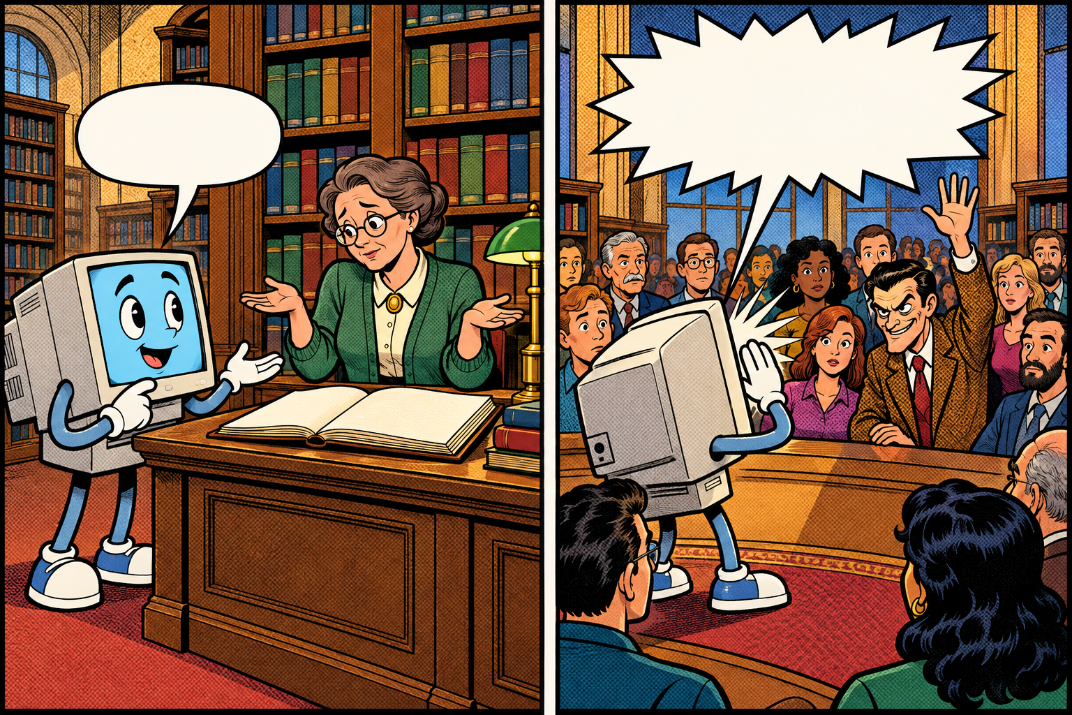 Comic: a computer asks a librarian who shrugs, then shouts the same question to a crowded room where an impostor answers first