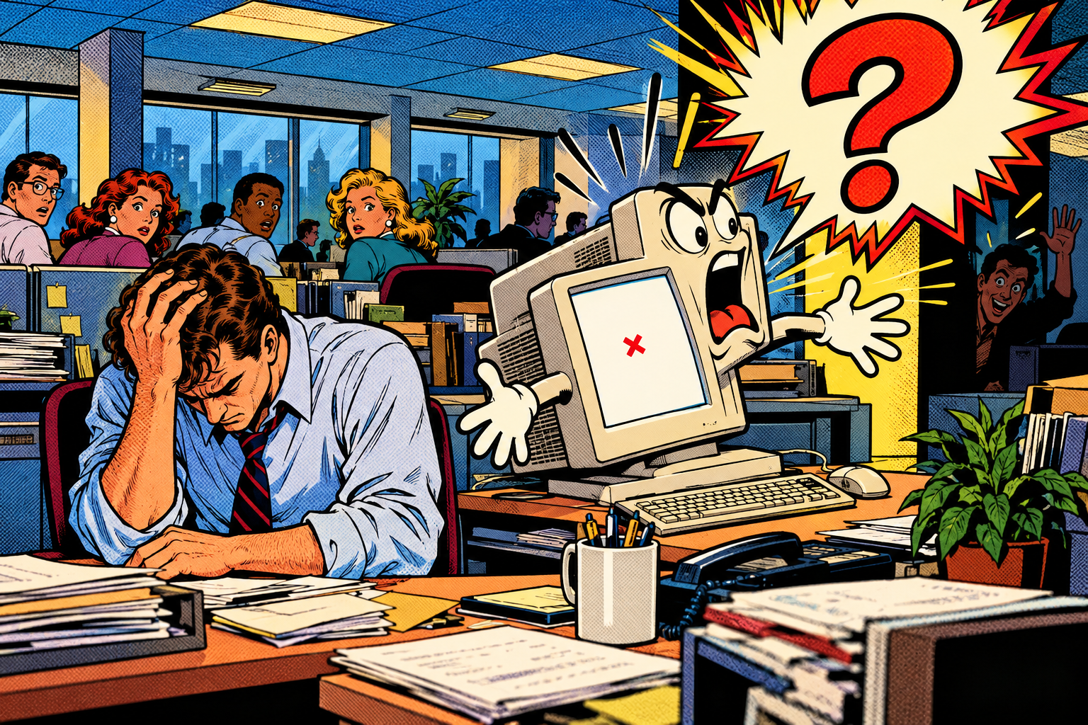 Comic: a frustrated worker whose computer secretly shouts a question to the whole office, and a lurker perks up to answer