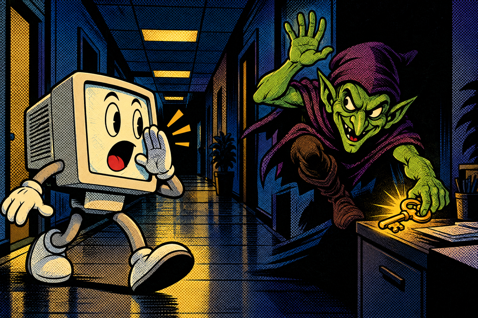 Comic: a computer calls into a hallway and a green impostor answers, grabbing a login key