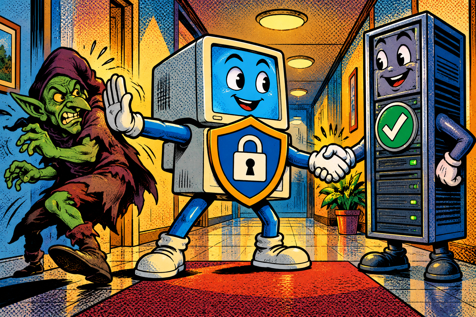 Comic: a computer with a padlock shield rejects the impostor and trusts only a verified server