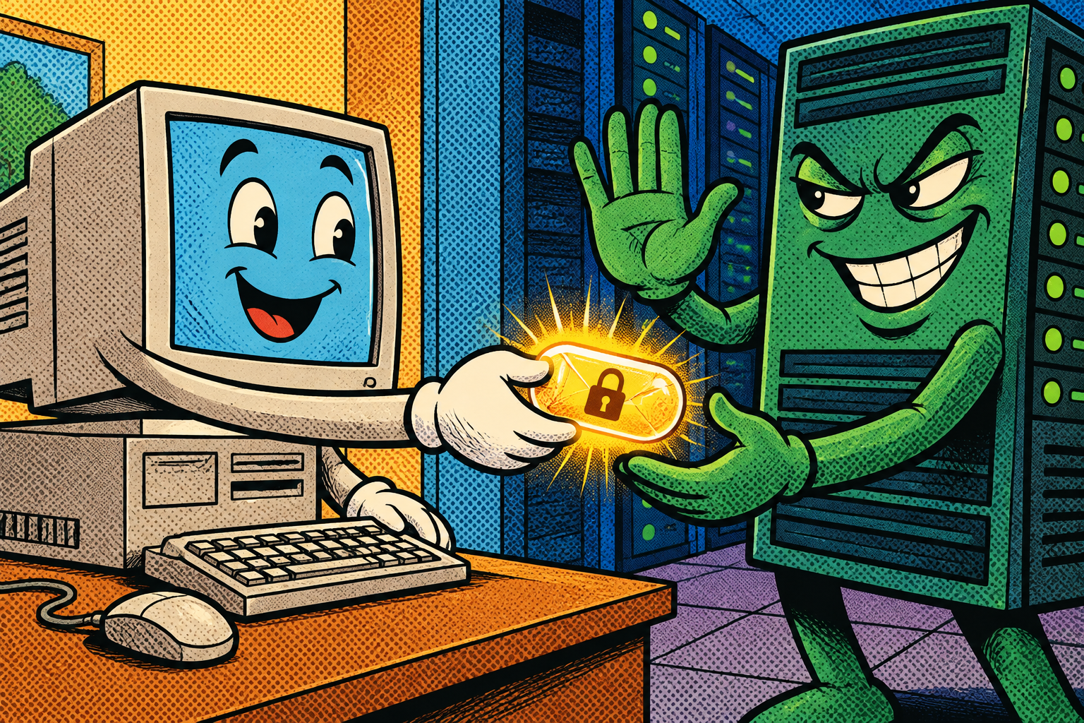 Comic: a friendly computer automatically hands a sealed password-proof to a sneaky green server that claimed to be the real one