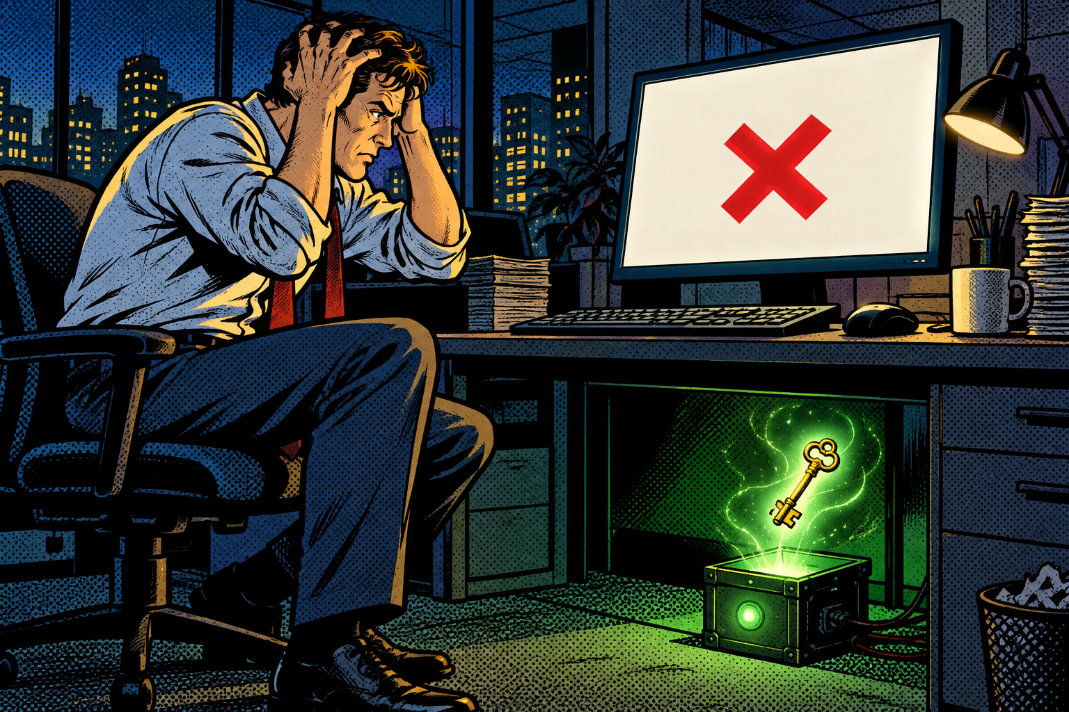 Comic scene: a frustrated worker at his desk as a hidden rogue box under it steals his login key