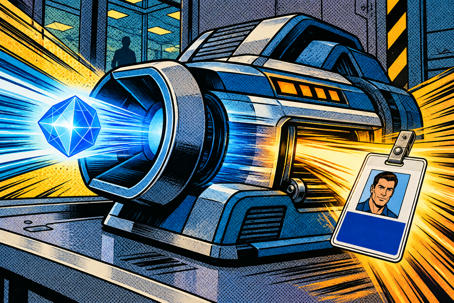 Comic: a fast machine devours a captured proof token and instantly spits out a real employee ID badge