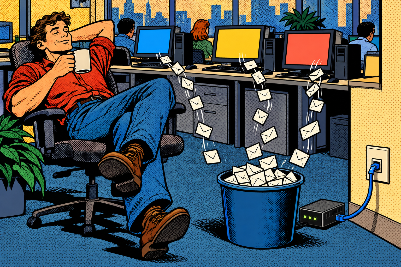 Comic: a relaxed tester sips coffee while a plugged-in gadget collects a rain of credential envelopes from office computers
