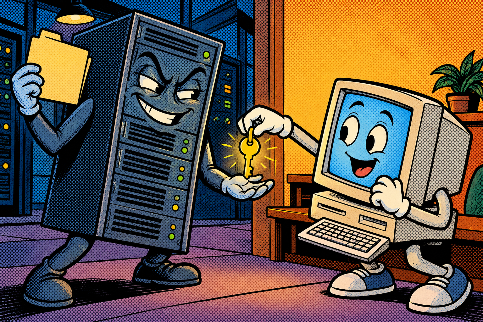 Comic: a sneaky server demands a key before handing over a config file, and a trusting computer drops its password key in
