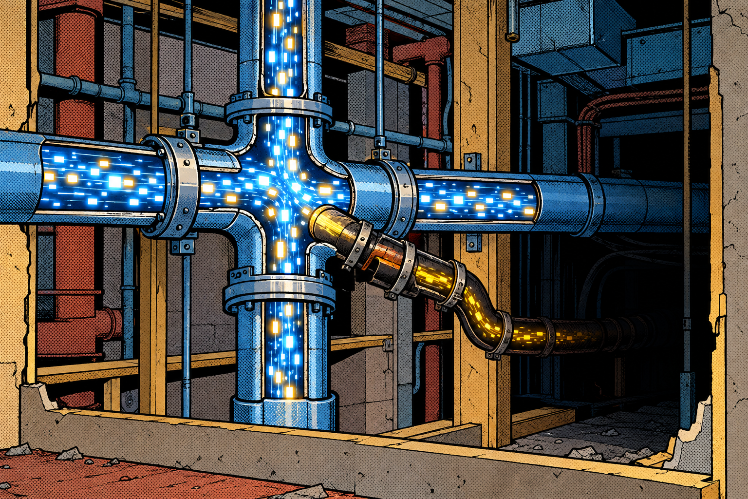 Comic: a building's network plumbing junction where a rogue pipe has been spliced in to divert the data flow