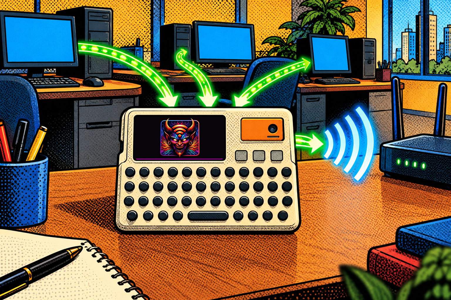 Comic: an M5Cardputer joined to the office Wi-Fi reroutes the computers' traffic through itself as the gateway