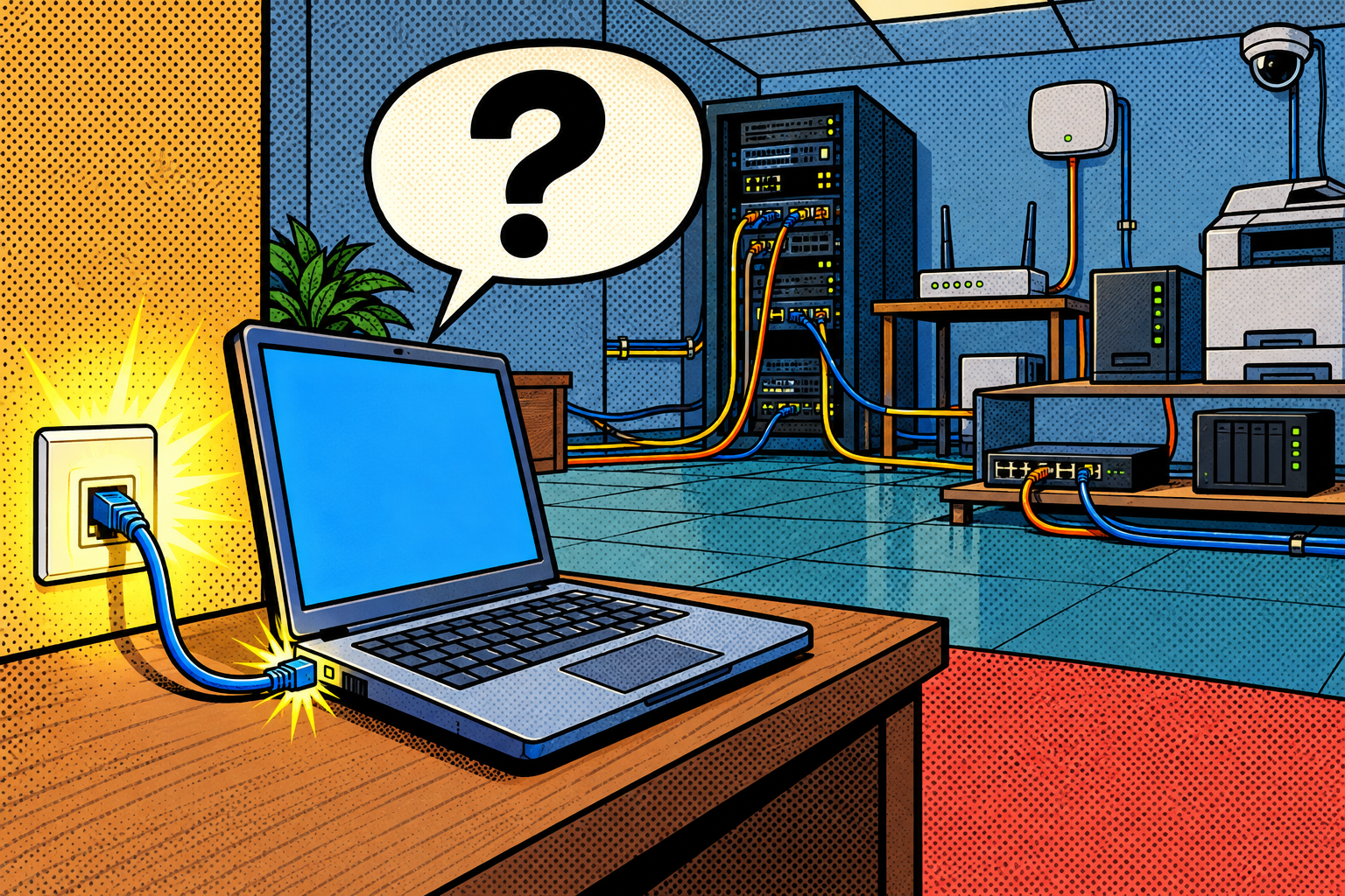Comic: a laptop freshly plugged into a network socket sends out a question mark, the instant of joining