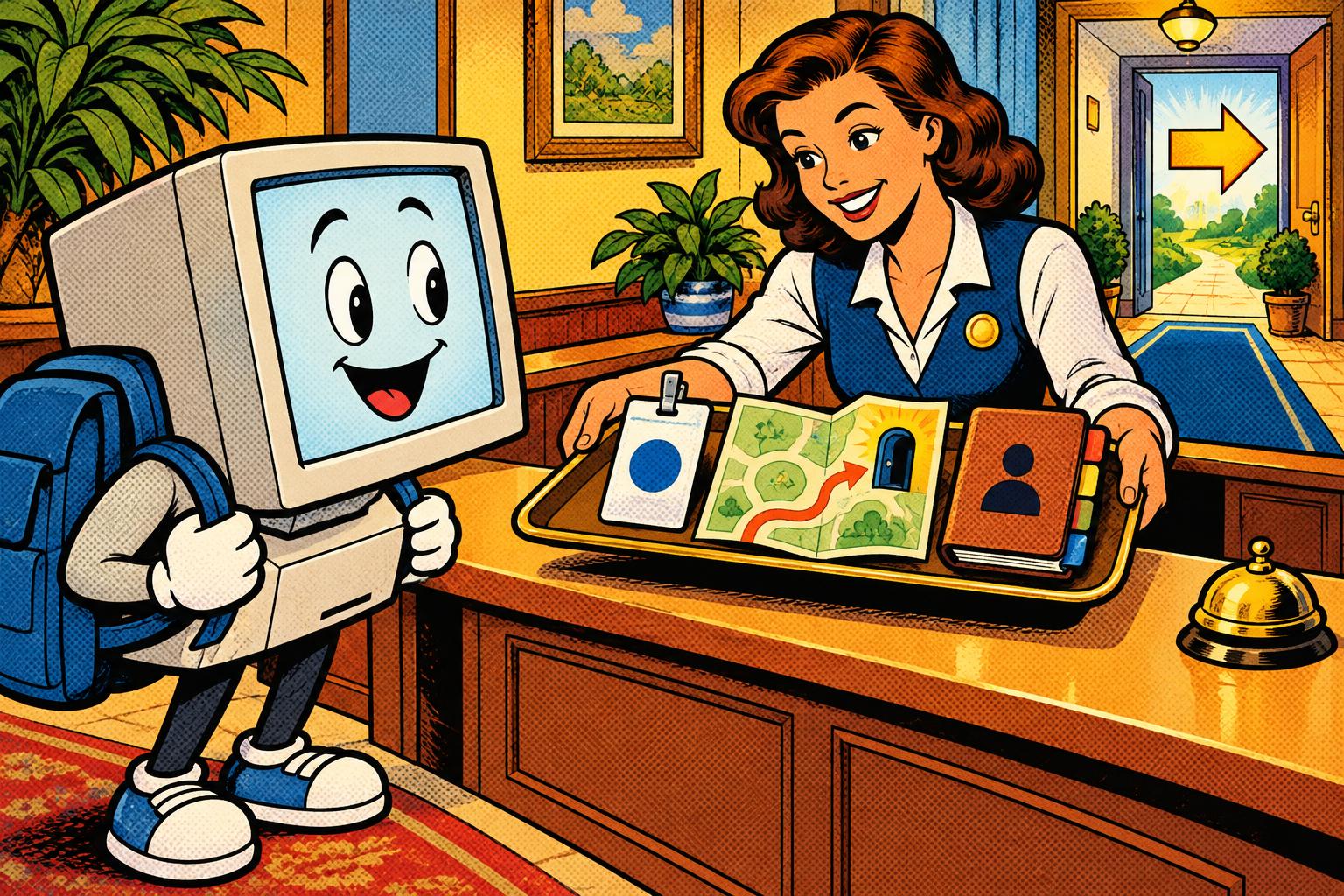 Comic: a reception desk hands a new device a badge (address), a map (gateway) and an address book (DNS)