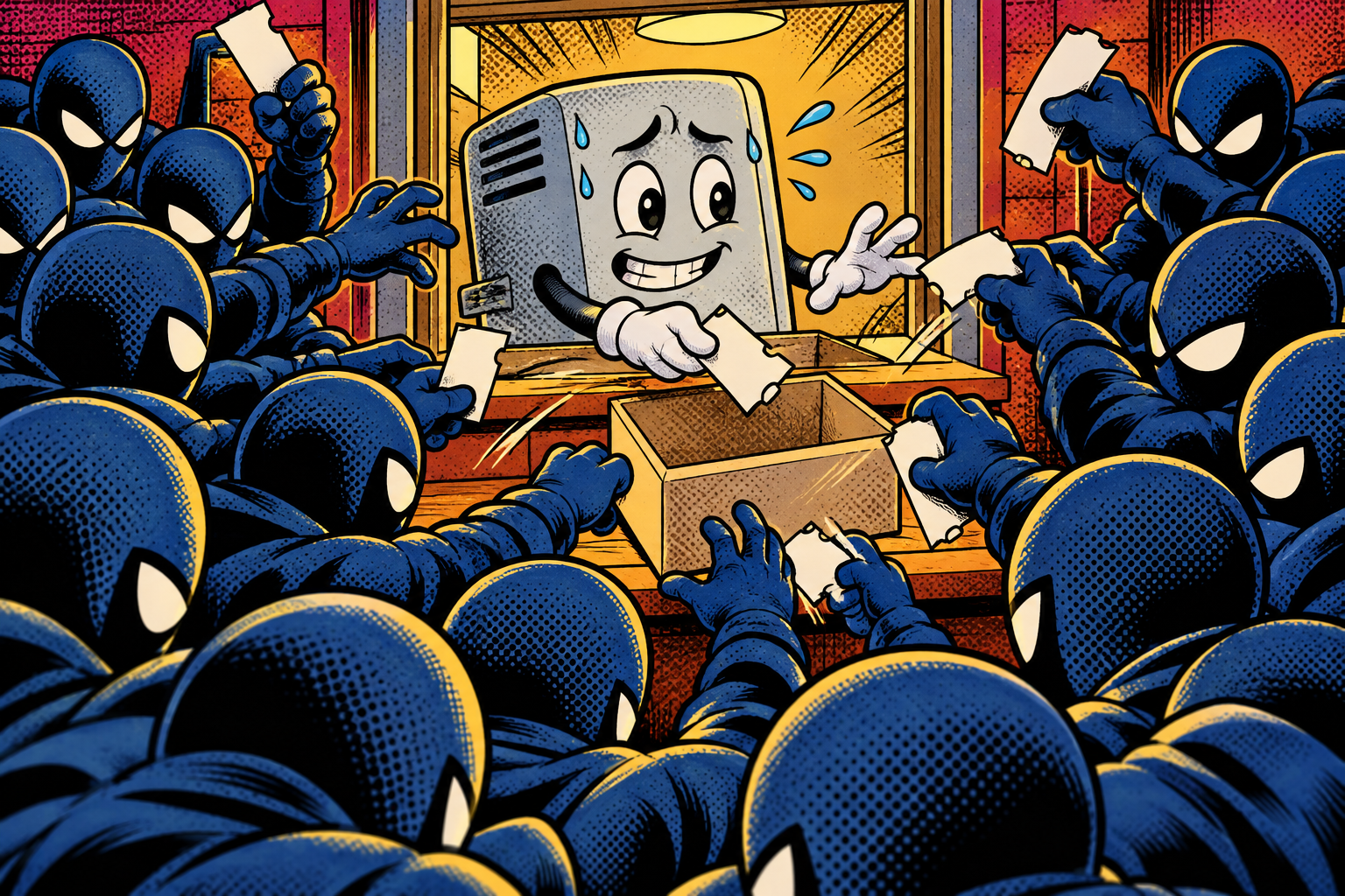 Comic: a mob of identical fake clients drains tickets from an overwhelmed DHCP server