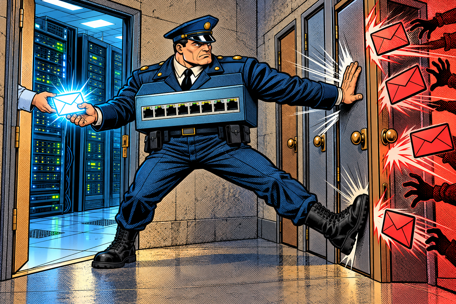Comic: a guard shaped like a network switch accepts a message only from the authorized port and blocks the rogue ones