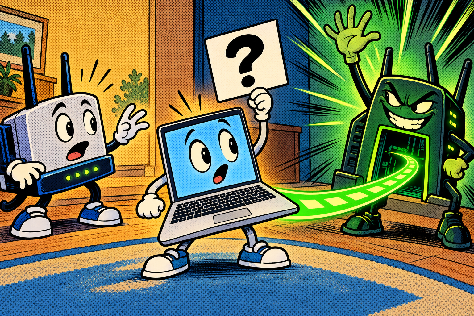 Comic: a new laptop asks who will set it up; a sneaky green rogue device answers first, beating the real router