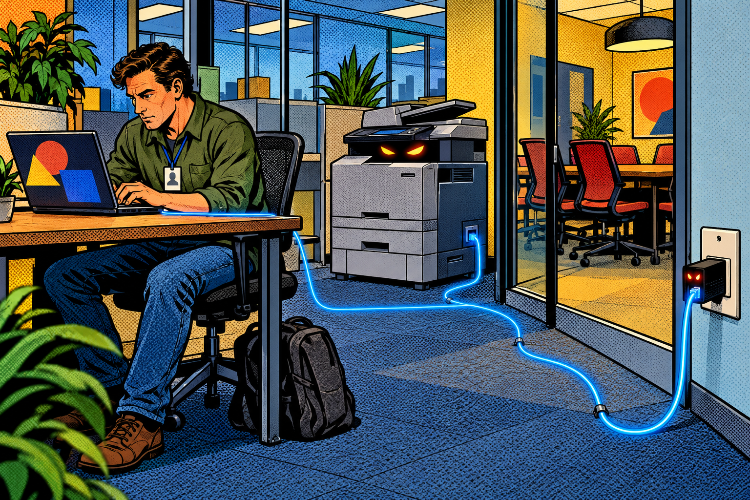 Comic: the threat is already inside, a contractor laptop, a printer with evil eyes, a gadget in a wall jack on the same cable