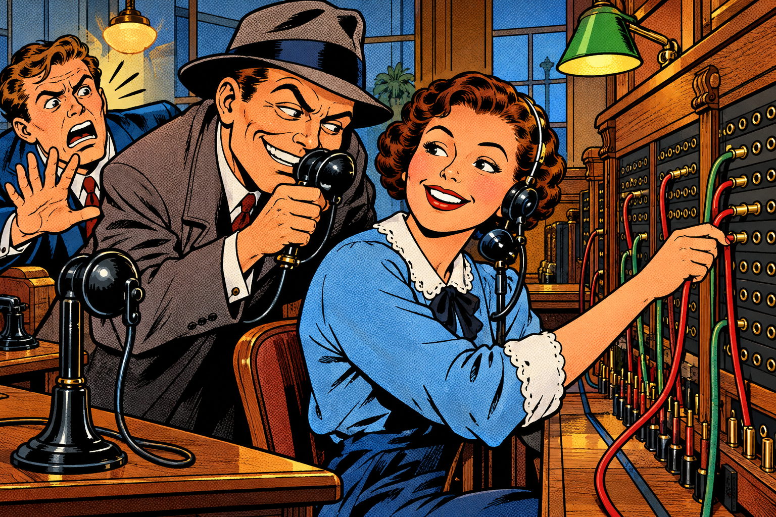 Comic: a switchboard operator trustingly connects whoever speaks first, even a sneaky impostor leaning in