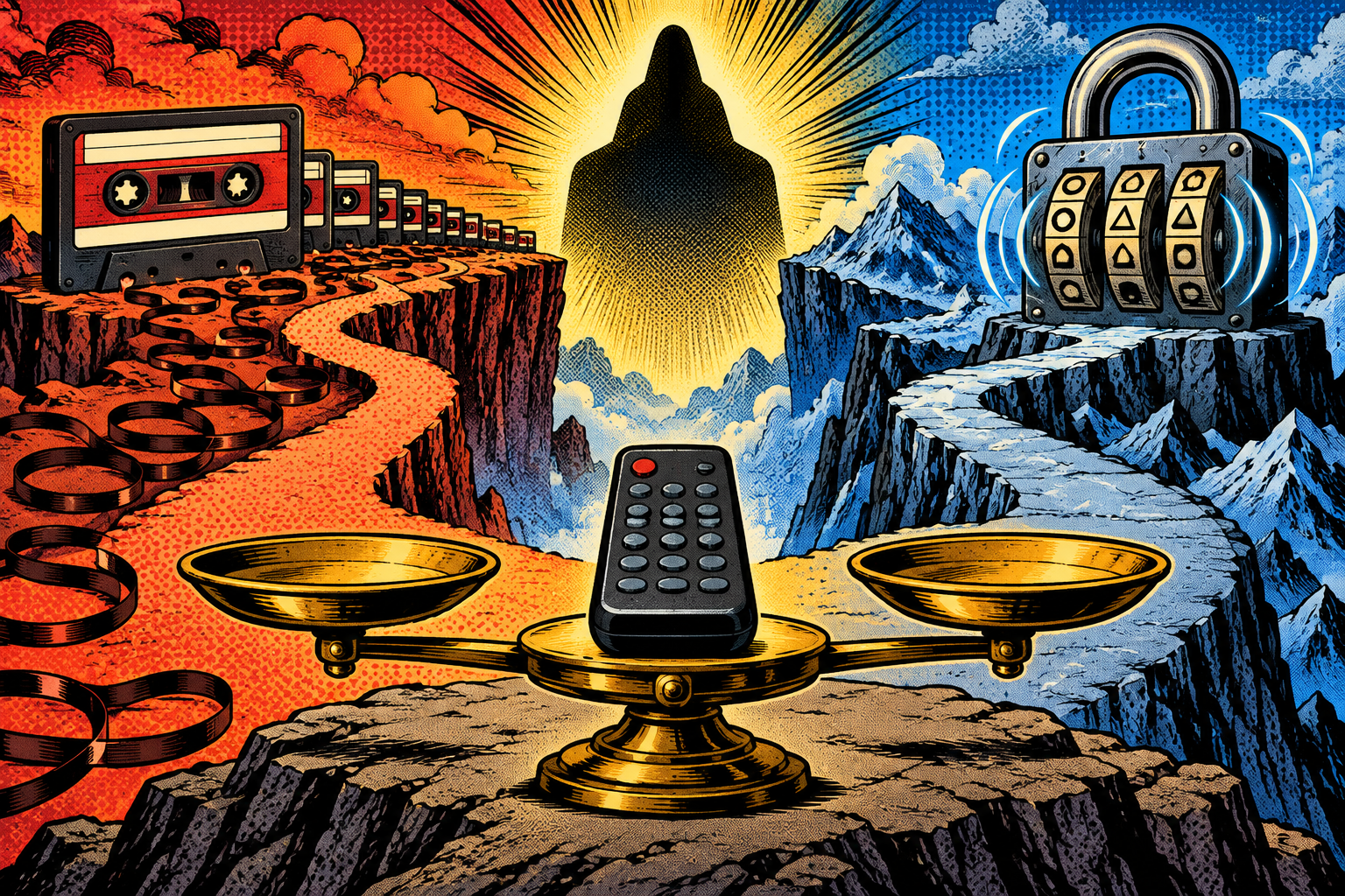 Comic: a remote on a balance between a path of copyable cassette tapes and a path of a reshuffling combination lock