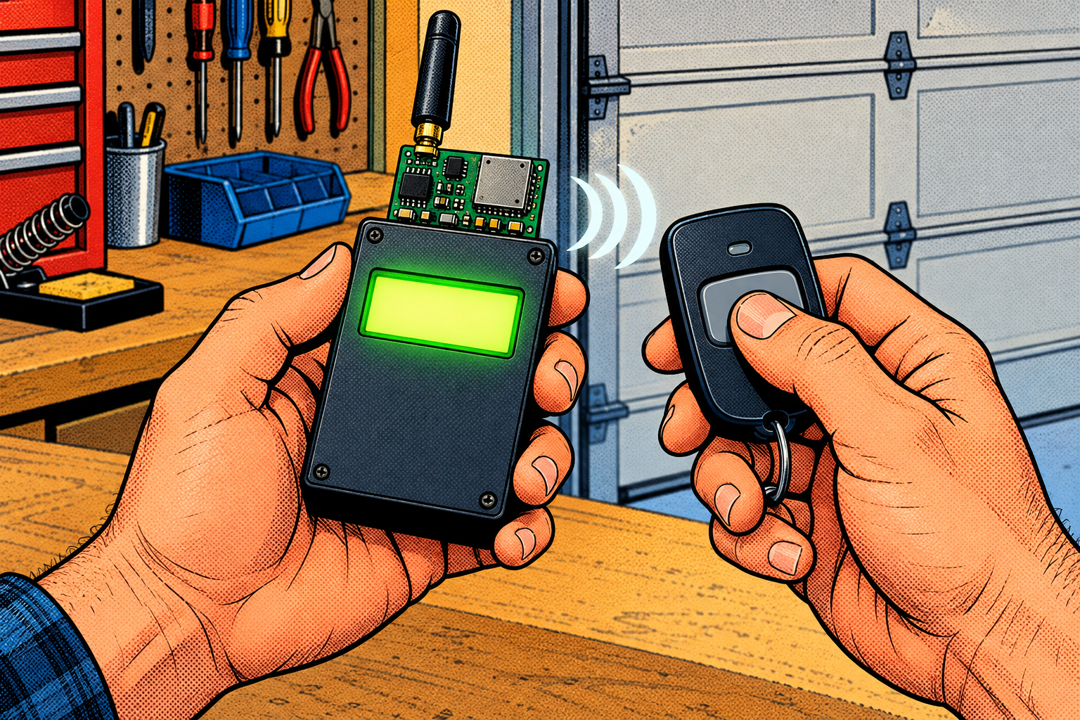 Comic: a small gadget with a plug-on radio is held up to a garage remote to identify it as fixed or rolling
