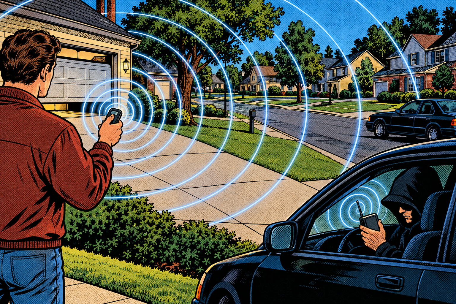 Comic: a garage remote broadcasts radio waves across the whole neighbourhood while a hooded figure in a car records them