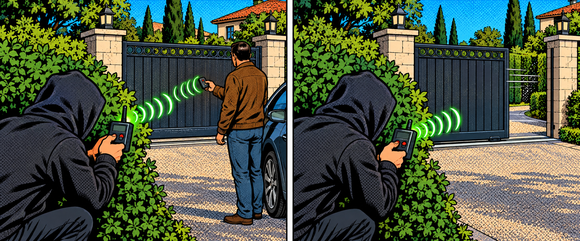 Comic diptych: a hooded figure captures the radio signal from a gate remote, then replays it to open the same gate