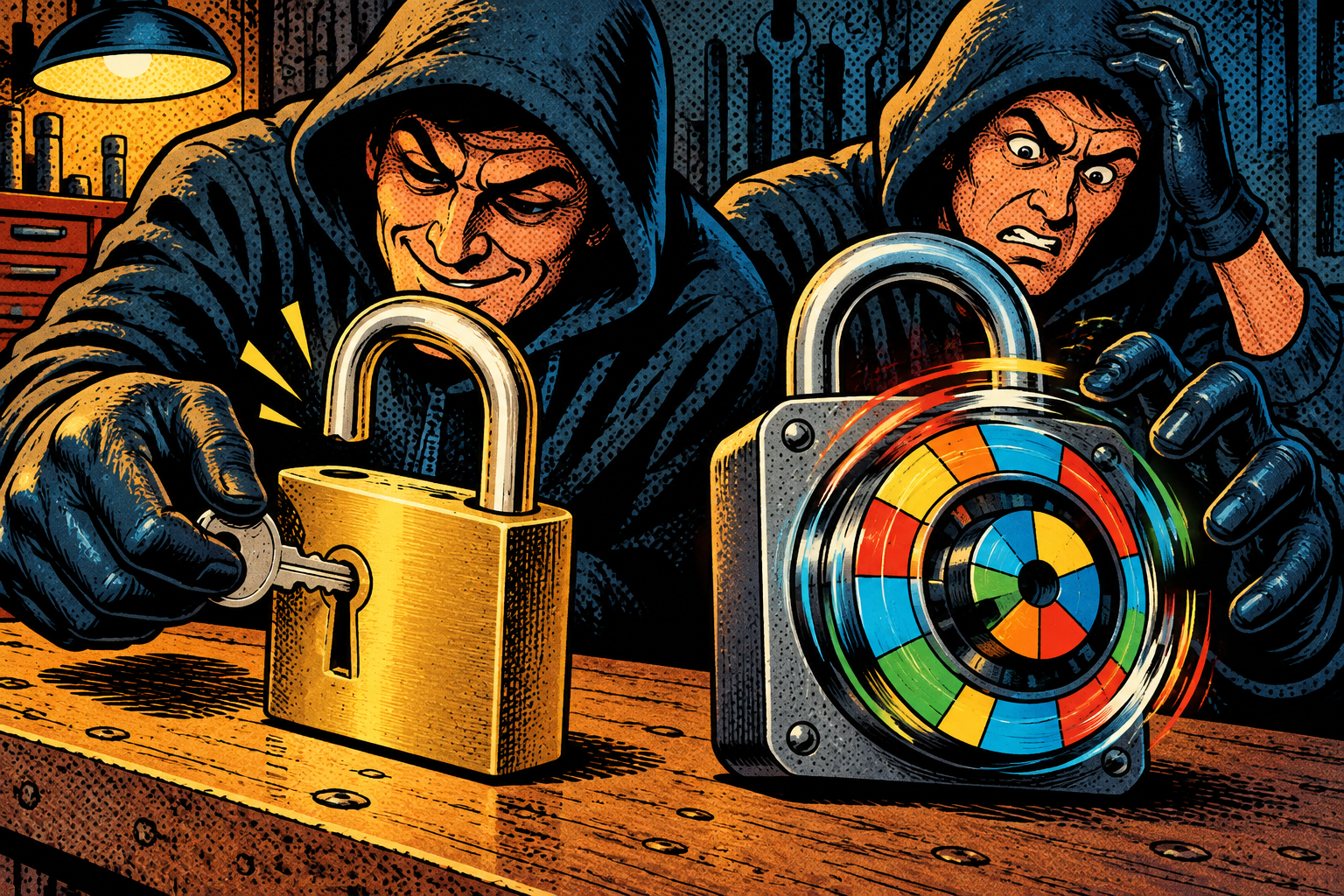 Comic: a fixed-code padlock opened with one copied key versus a rolling-code padlock with a spinning dial that baffles the thief