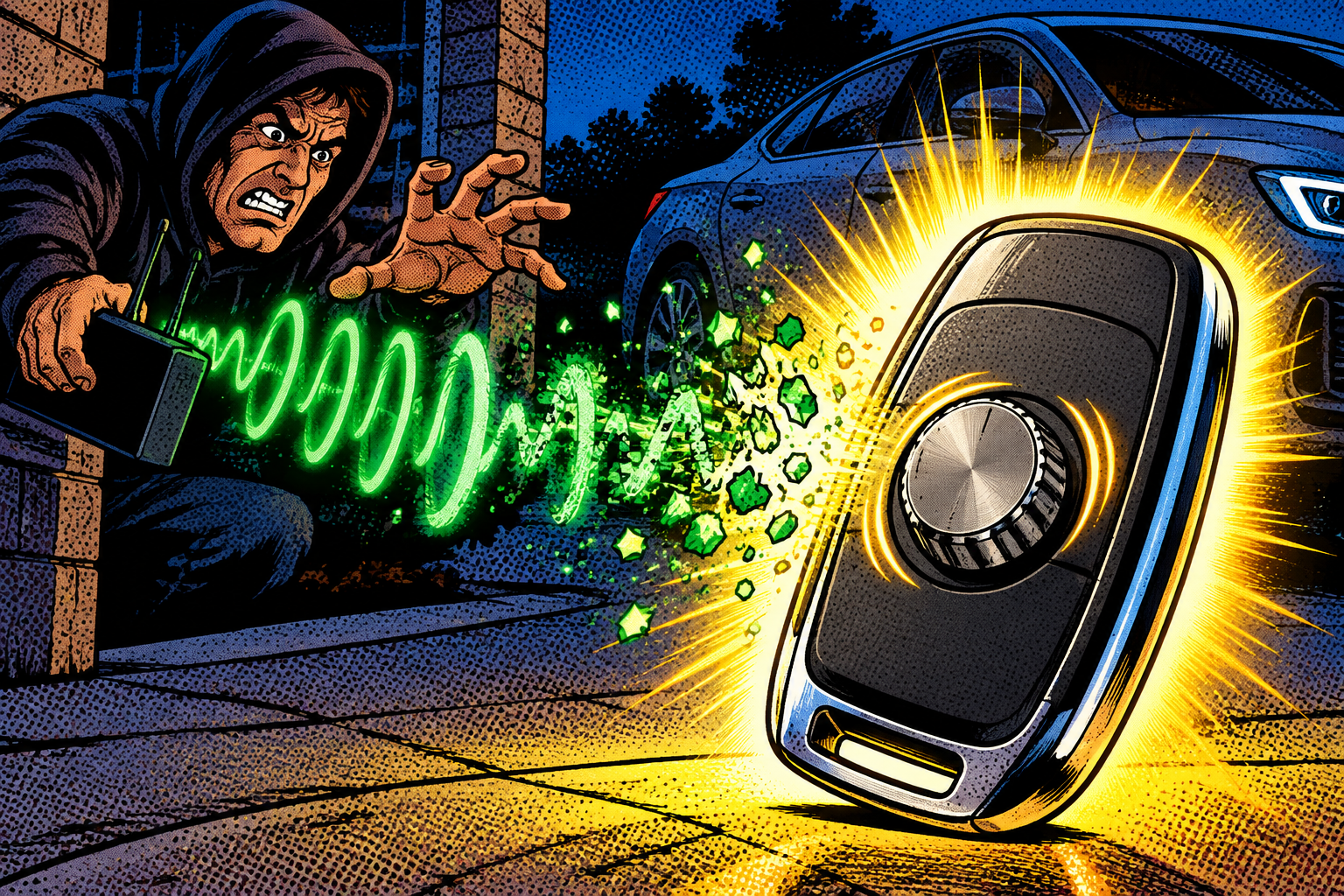 Comic: a modern rolling-code car key defeats a hooded figure whose replayed signal fizzles out