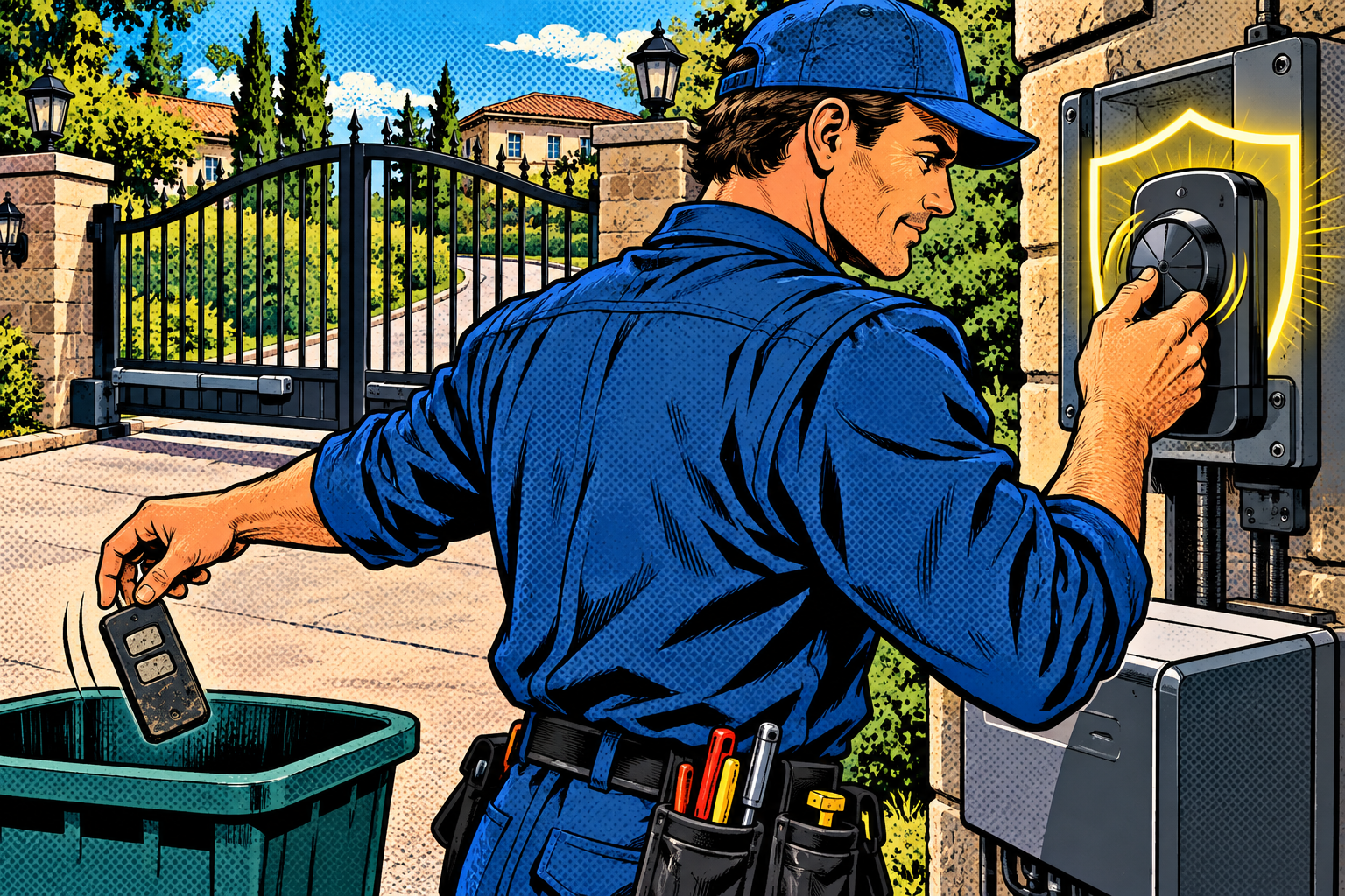 Comic: a technician bins an old fixed-code remote and fits a rolling-code control that glows with a shield