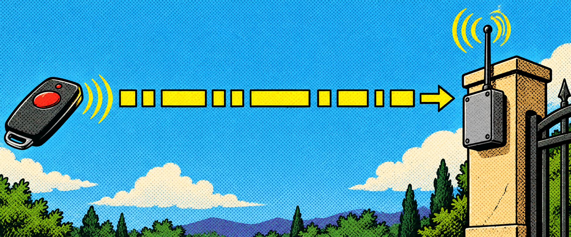 Comic diagram: a one-way on-and-off pulse message travels from a handheld remote to a gate receiver