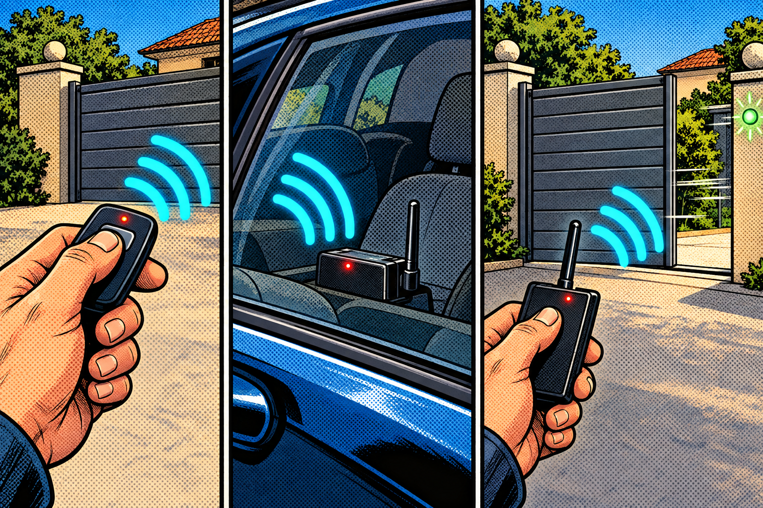 Comic: a remote's radio signal is captured by a recorder in a car and later replayed to open the same gate