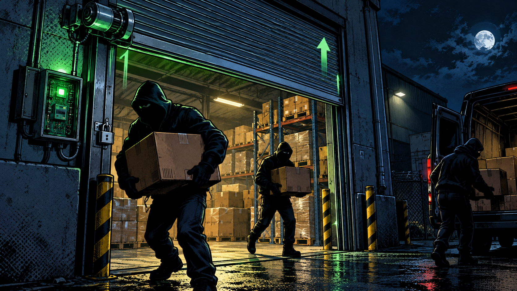 Illustration of an attacker in a parked van recording and replaying a gate remote radio signal