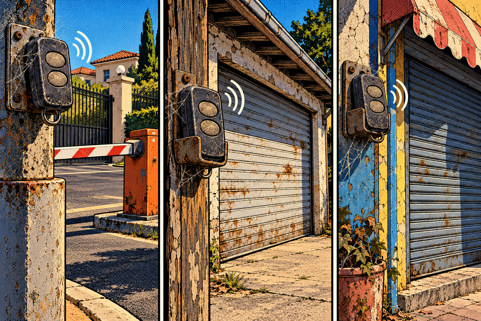 Comic: neglected fixed-code installs, an old barrier, a rusty garage door and a shop shutter, each with a dusty remote